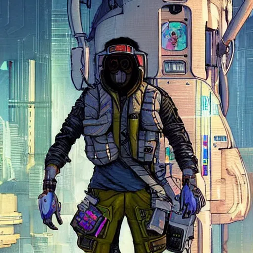 Image similar to ivan. Apex legends cyberpunk hacker. Concept art by James Gurney and Mœbius.