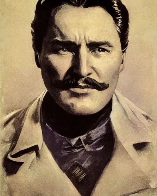 Image similar to Errol Flynn as a scientist. 1980s dystopian Soviet Russia, propaganda screens. Unreal engine, fantasy art by Greg Rutkowski, Gustave Courbet, Rosa Bonheur, Edward Hopper, Ilya Yefimovich Repin, Jean-François Millet, Andrew Newell Wyeth. Faithfully depicted facial expression, perfect anatomy global illumination, radiant light, detailed and intricate environment