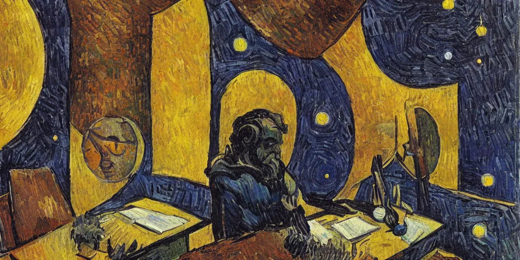 Prompt: a greek god sitting at his desk on the surface of the moon, national geographic, detailed, oil painting, vincent van gogh, gaugin, modigliani