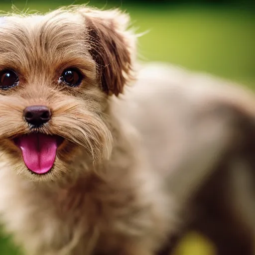 Image similar to closeup portrait of a small light brown furry dog with tongue licking its nose, cross eyed, tongue on nose, natural light, sharp, detailed face, magazine, press, photo, Steve McCurry, David Lazar, Canon, Nikon, focus