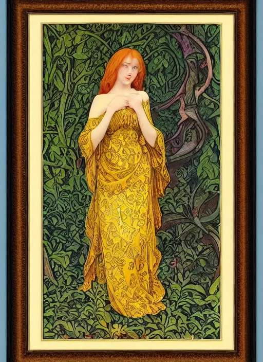 Image similar to masterpiece beautiful seductive flowing curves pose preraphaelite portrait photography, straight bangs, yellow ochre ornate medieval dress, mushroom forest arch, william morris and kilian eng and mucha, framed, 4 k