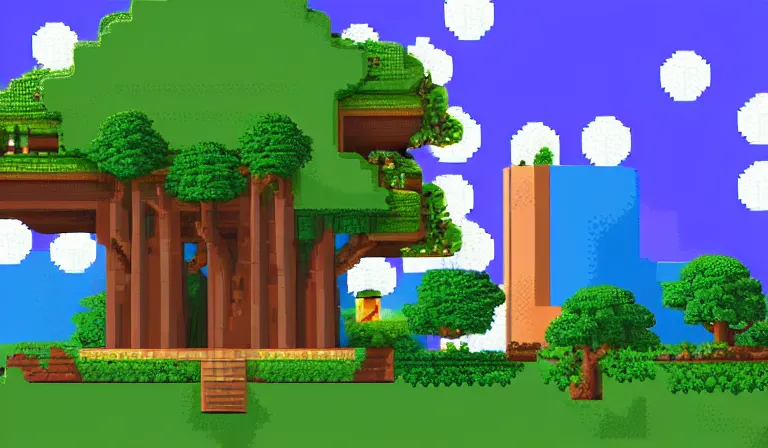 Prompt: a serene landscape with a singular building in the style of pixel art