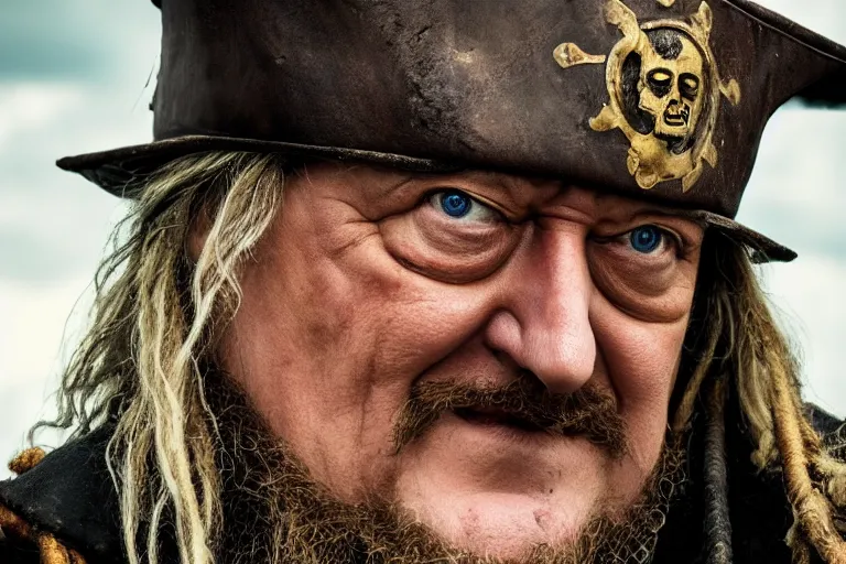 Prompt: promotional image of stephen fry as a gritty pirate captain in the new Pirate of the Carribean movie, dark stormy weather, detailed face, movie still frame, promotional image, imax 70 mm footage