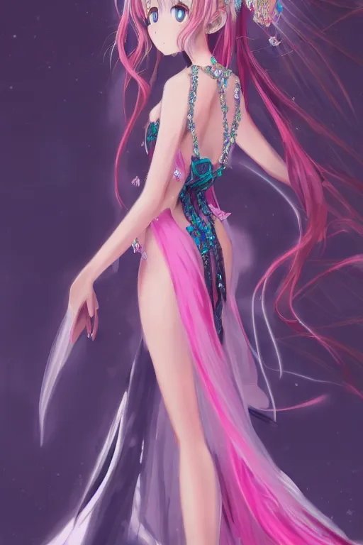 Prompt: Anime sad princess in full figure wearing an exotic evening gown, heargear and jade necklace, evening, detailed painting, WLOP, Artstation