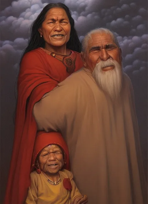 Image similar to portrait of an indigenous grandfather and grandmother in the clouds, smiling, protection, benevolence, ancestors, art by christophe vacher