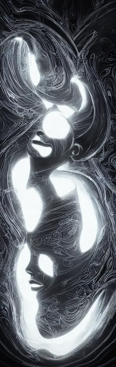 Image similar to epic illustration, digital abstract sculpt of beautiful female face silhouette and black swirling concrete acrylic portrait, black latex sculpt, octane render, mechanical superstructure, sacred geometry, glowing edges, magic hour, beautiful light, sculpture of carving marble, dark colors, dark mood, one point light, clockwork, epic matte painting, concept art, bokeh, digital painting, artstation