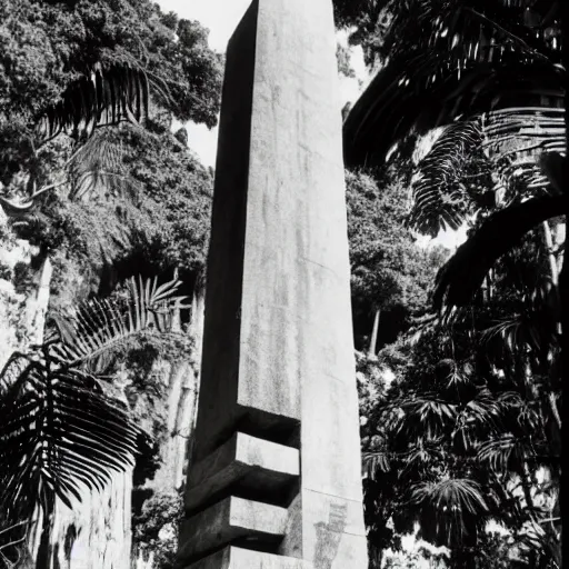 Prompt: lost film footage of a sacred brutalism totem in the middle of the tropical jungle / film still / cinematic / enhanced / 1 9 2 0 s / black and white / grain