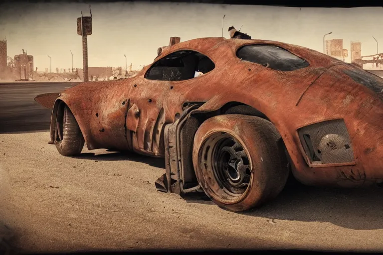 Prompt: rusty hypercar in mad max, painted by hector garrido and derek riggs, trending on artstation, volumetric lighting rear view profile picture, daguerreotype, still life, figurativism, socialist realism