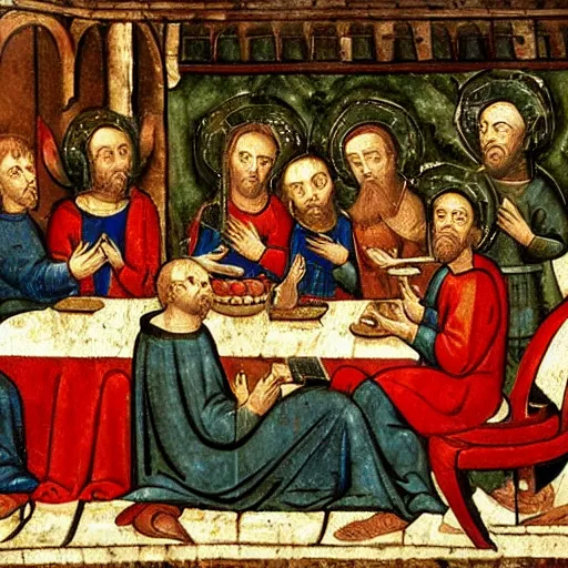 Image similar to Medieval painting of a group of friends sitting in a restaurant all watching their phones as the world is in flames around them