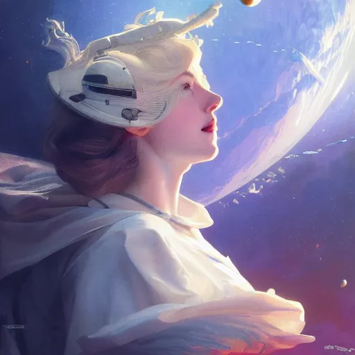 Image similar to sargent and leyendecker and peter paul rubens, head and shoulders portrait of a elle fanning in space, stephen bliss, unreal engine, fantasy art by greg rutkowski, loish, rhads, ferdinand knab, makoto shinkai, ilya kuvshinov, rossdraws, global illumination, radiant light, detailed and intricate environment