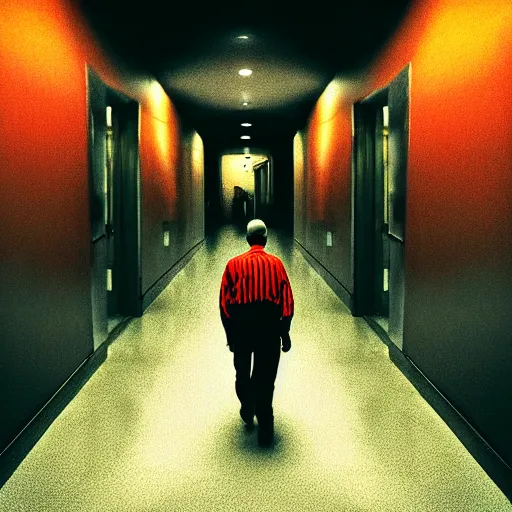 Image similar to man by evil walking the hall. footage of terrifying disfigured persob roaming dark hall, very gory hyperrealistic vivid horror. photographed by dr seuss on instagram in full colour hd hdlr photography by national geographic