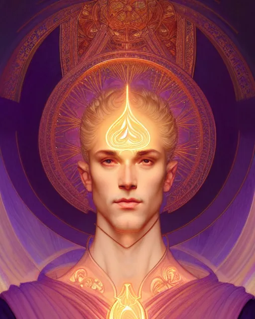 Image similar to symmetry portrait of saint germain and a violet flame, intricate, elegant, highly detailed, digital painting, artstation, concept art, smooth, sharp focus, illustration, art by artgerm and greg rutkowski and fra angelico and alphons mucha