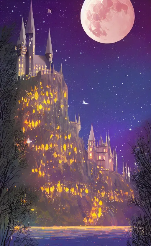 Image similar to a beautiful illustration of hogwarts at night, art of alena aenami, featured on artstation, vertical orientation, paint brush strokes, expressionism, brushstroke - laden, breathtaking clouds, birds, ocean, beautiful stars, long exposure, big moon radius, airy midnight magical theme, blue purple gradient, lens flare