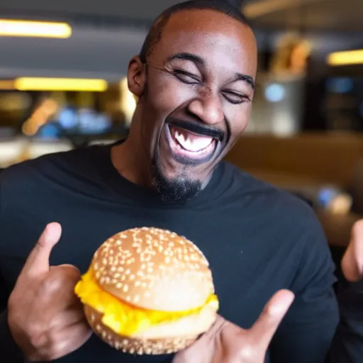 Prompt: A selfie of a black man laughing hysterically in a McDonalds while holding a golden hamburger