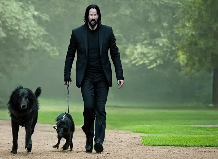 Image similar to film still of john wick played by keanu reeves walking his dog in the park in the new john wick movie, 4 k