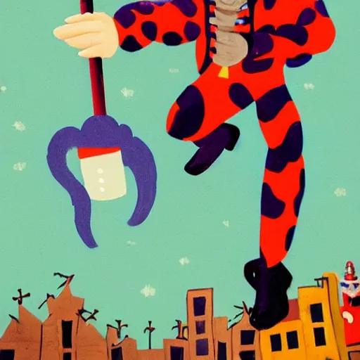 Image similar to Giant Evil Jester Clown Smashing a city with polka dot hammer