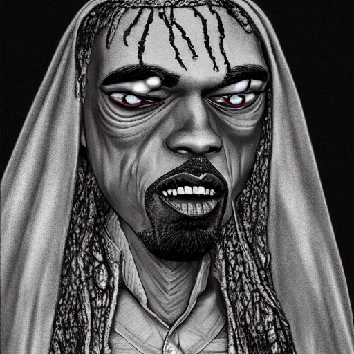 Image similar to michael karcz grunge drawing of kanye west. , in the style of corpse bride, loony toons style, horror themed, detailed, elegant, intricate, trending on artstation, 4k