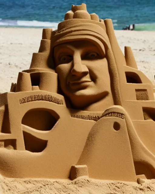 Image similar to a detailed sandcastle with the face of nathan fillion