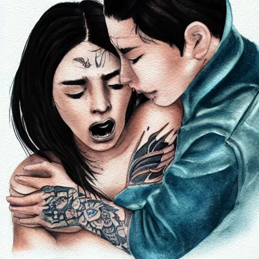 Prompt: Hot young woman, grey skin, void eyeballs, tattoos, wearing a leather jacket, hugging a shrouded person as they cry on her chest, comforting, touching, wholesome, art, watercolour, big sister, little brother, 4k