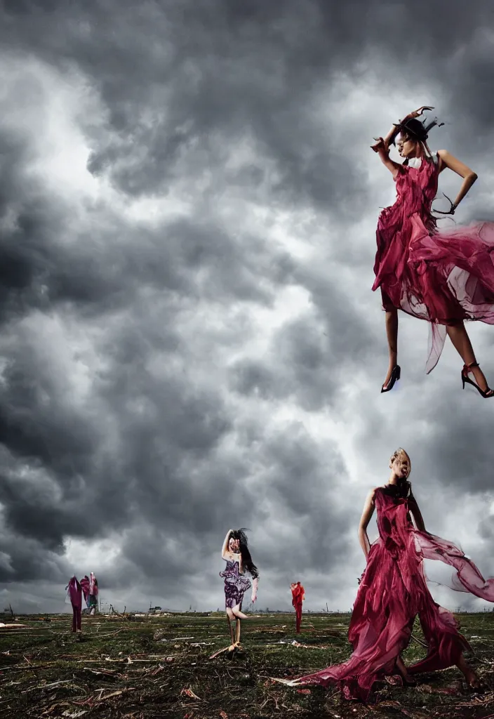 Image similar to fashion editorial in a tornado. wide angle shot. highly detailed.