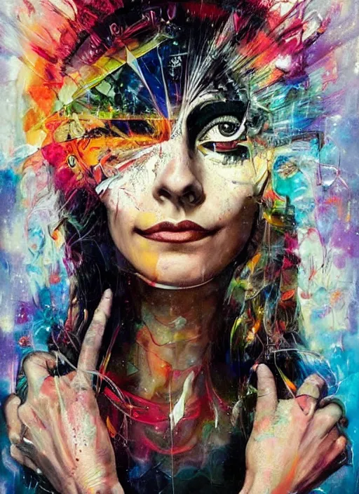 Image similar to gorgeous magic cult psychic woman smiling, third eye, energetic consciousness psychedelic, epic surrealism expressionism symbolism, story telling, iconic, dark robed, oil painting, symmetrical face, dark myth mythos, by Sandra Chevrier, Noriyoshi Ohrai masterpiece