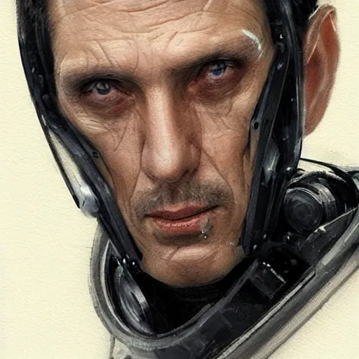 Image similar to Portrait of a man by Greg Rutkowski, he is about 50 years old, his features are a mixture between polish and persian, messy black short hair, tall and slim, tired expression, respectable authority figure, he is wearing a futuristic space gear, highly detailed portrait, scifi, digital painting, artstation, concept art, smooth, sharp foccus ilustration, Artstation HQ.
