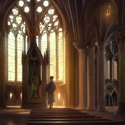 Image similar to angel protecting man who is praying inside a gothic church by Stanley Artgerm Lau, WLOP, Rossdraws, James Jean, Andrei Riabovitchev, Marc Simonetti, Yoshitaka Amano, ArtStation, CGSociety