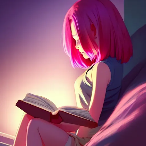 Prompt: beautiful girl with pink hair, reading a book in her room, night time, sharp focus, intricate, digital painting, artstation, official media, anime key visual, highly detailed, rich vivid colors ambient lighting, illustration, art by Artgerm, Makoto Shinkai, Ilya Kuvshinov, Lois Van Baarle and Rossdraws