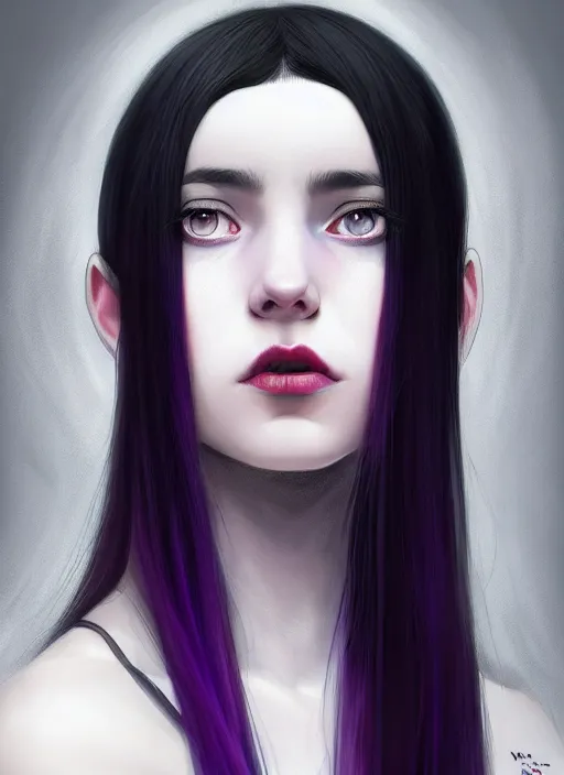 Image similar to hair blackbangs hair, white hair, blackbangs, portrait of teenage girl with white hair, red irises, purple clothes, black bangs, bangs are different color from hair, intricate, elegant, glowing lights, highly detailed, digital painting, artstation, concept art, smooth, sharp focus, illustration, art by wlop, mars ravelo and greg rutkowski