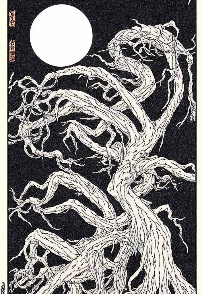 Image similar to prompt: magical white skeleton Bonsai tree squid creature roots merging into big moon drawn by Takato Yamamoto, alchemical objects inspired by 1980's sci-ci, clean ink detailed line drawing, intricate detail, manga 1980