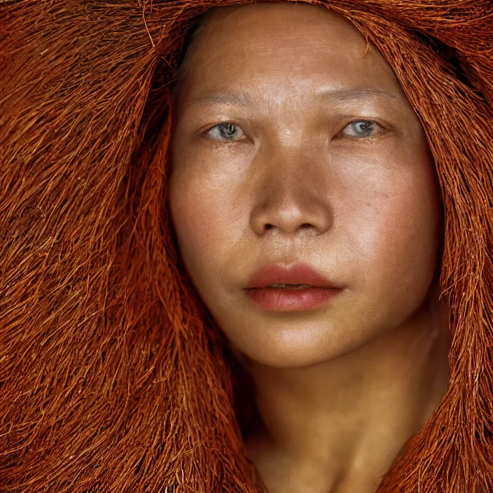 Prompt: closeup portrait of a woman wrapped in copper fiber, standing in el nido in philippines, color photograph, by vincent desiderio, canon eos c 3 0 0, ƒ 1. 8, 3 5 mm, 8 k, medium - format print