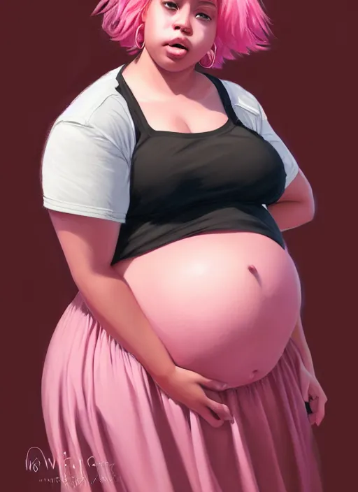 Image similar to full body portrait, teenage vanessa morgan, pink hair, obese, curly pixie hair, sultry, realistic, short hair, hoop earrings, skirt, shirt, fat, belly, black girl, intricate, elegant, highly detailed, digital painting, artstation, concept art, smooth, sharp focus, illustration, art by wlop, mars ravelo and greg rutkowski