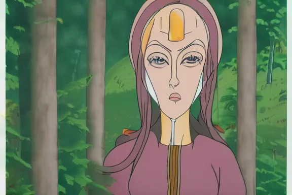 Image similar to the high priestess, animation cel, forest background, detailed, symmetrical face