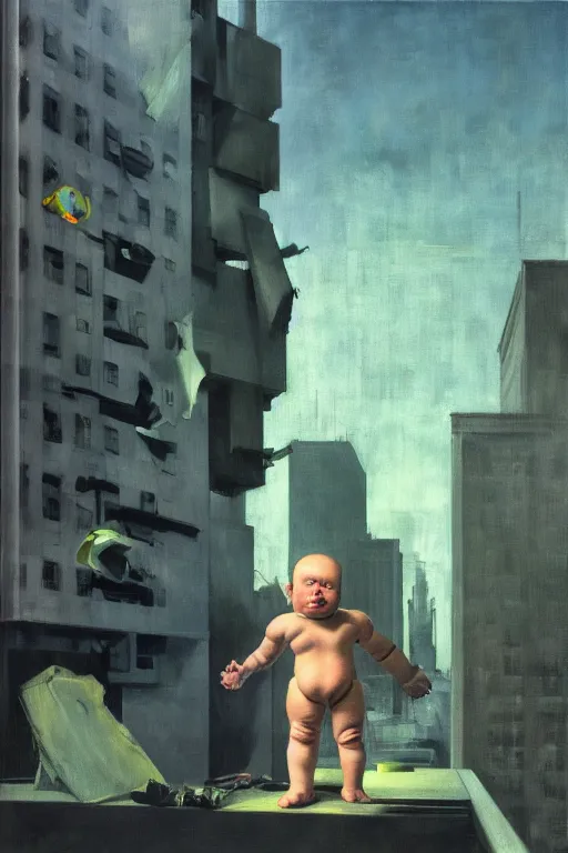 Image similar to evil human giant baby with a robot arm in a diaper is taller than office buildings, goes destroying buildings under his feet, hauntingly surreal, highly detailed painting by francis bacon, edward hopper, adrian ghenie, gerhard richter, and james jean soft light 4 k,