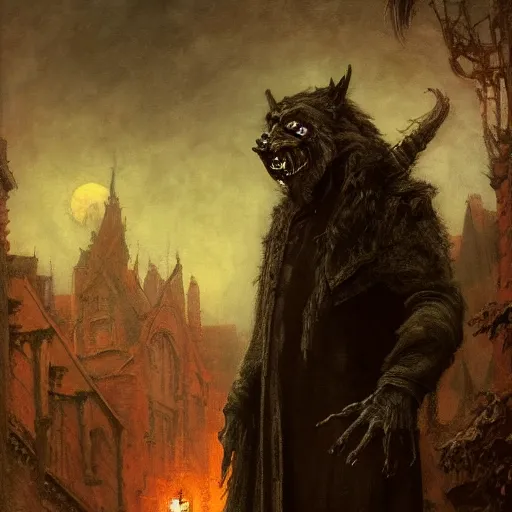 Image similar to a creepy demonic old man stands in the middle of a medieval street and turns into a werewolf under a full moon, painting by gaston bussiere, craig mullins, j. c. leyendecker, 4 k, 8 k, trending on artstation, artstationhd, artstationhq, highest detail