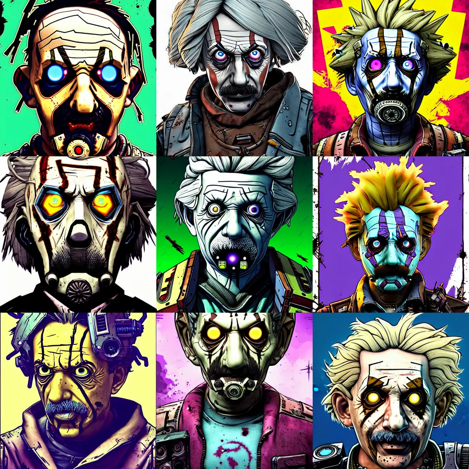 Prompt: borderlands 3!!! cell shaded!! scary head portrait of cyber albert einstein!!! as Borderlands 3 concept art, llustration, postapocalyptic grunge, concept art by Laurie Greasley, highly detailed, sharp focus,alien, HQ, 4K ,art by Laurie Greasley