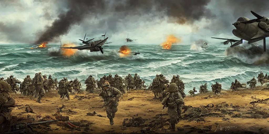 Image similar to d-day landing, german side, ww2, world war 2, wide shot, landscape, by Jason Felix by Steve Argyle by Tyler Jacobson by Peter Mohrbacher