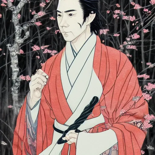 Image similar to detailed portrait of snape samurai with a wand, in snow forest sakura cherry blossom, hakama kimono, trending on artstation elite, elegant, luxury, by krenz cushart, junji ito, takato yamamoto, perfect face, fine details, realistic shaded, fine - face, pretty face