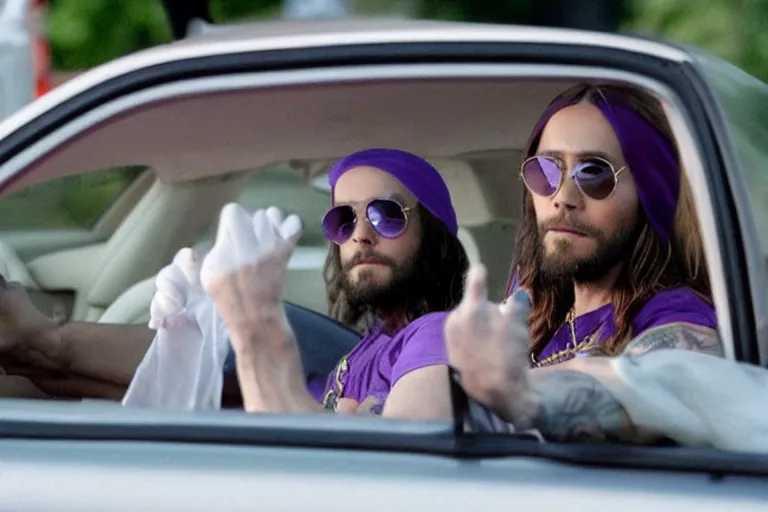 Image similar to medium full shot of jared leto as a white gang member wearing a purple head covering made from a polyester or nylon material and a white tank top inside a car doing a drive - by shooting in the new movie directed by ice cube, movie still frame, arms covered in gang tattoo, promotional image, critically condemned, top 1 5 worst movie ever imdb list, public condemned, relentlessly detailed