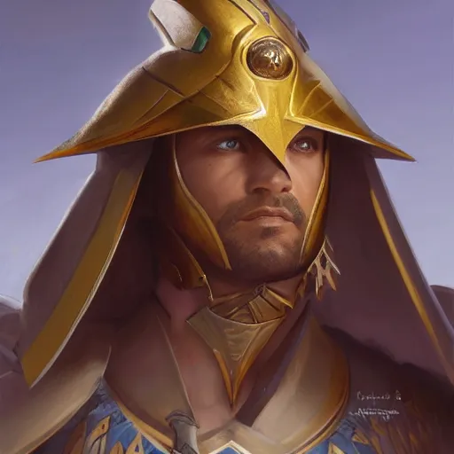 Prompt: male egyptian knight, D&D, painted fantasy character portrait, highly detailed, digital painting, artstation, concept art, sharp focus, illustration, art by artgerm and greg rutkowski and alphonse mucha