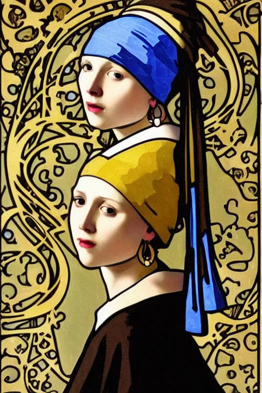 Prompt: Girl with a pearl earring by Alphonse Mucha, Art Nouveau, Neo-Gothic, gothic, rich deep moody colors background.