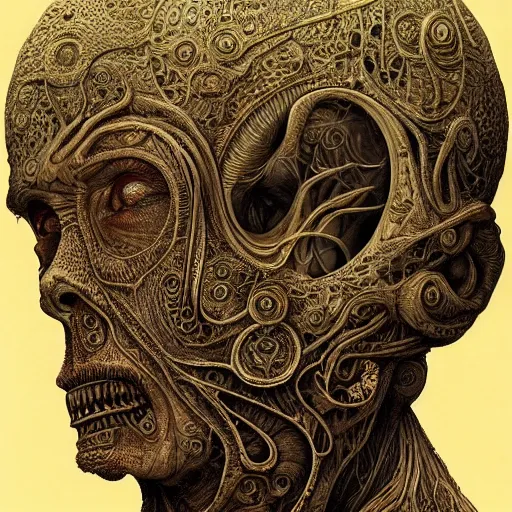 Image similar to ultra realist intricate detailed portrait, insanity accurate features, apocalyptic, very intricate details, 8 k resolution, dim lighting, artstyle zdzisław beksinski and keith thompson, by giger style, award winning