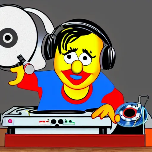 Image similar to svg sticker of a Pop-Wonder Bert&Ernie, Sesame-Street, at a rave, spinning records, giant headphones rocking out, wearing headphones, huge speakers, dancing, rave, DJ, spinning records, digital art, amazing composition, rule-of-thirds, award-winning, trending on artstation, featured on deviantart