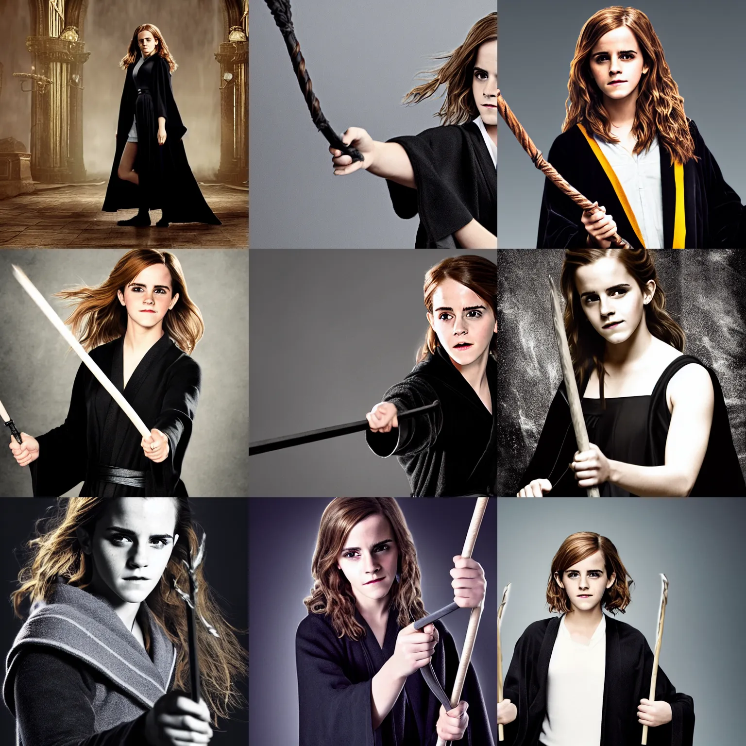 Prompt: Emma Watson as Hermione Granger, wearing black robe, promotional photo, studio lighting, blank background, action pose, holding elder wand