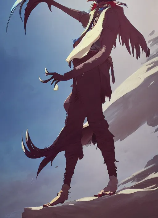 Image similar to concept art painting of an androgynous bird person with human face and black feathers, pirate clothes, by the ocean, detailed, cel shaded, in the style of makoto shinkai and james gurney and moebius and greg rutkowski and artgerm