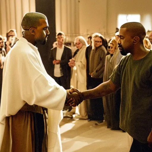 Prompt: Kanye west shaking hands with Jesus, high quality, UHD