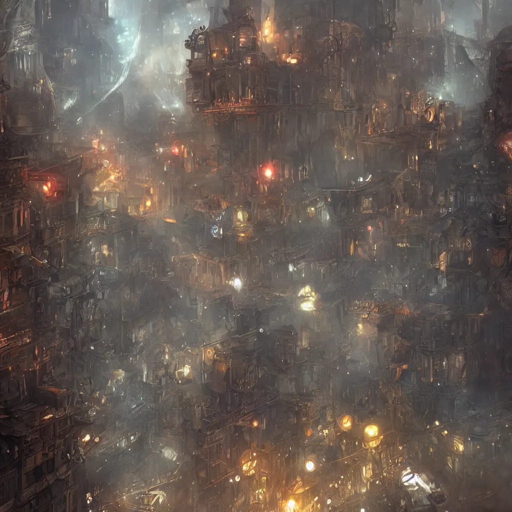 Image similar to steam punk city under attack, concept art, magic, light rain