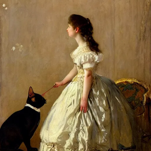 Image similar to young victorian lady in ball gown petting a cat, painted by alfred stevens