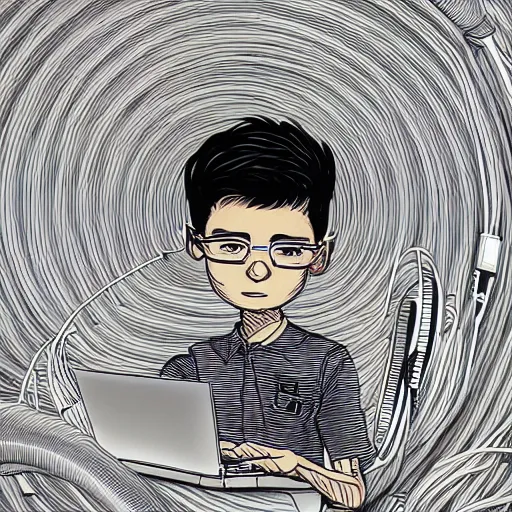 Image similar to illustration of a boy connected to his laptop with hundreds of wires, highly detailed, cel shading, by butcher billy, cgsociety, mcbess, rutkowski, james jean, 8 k, photorealistic