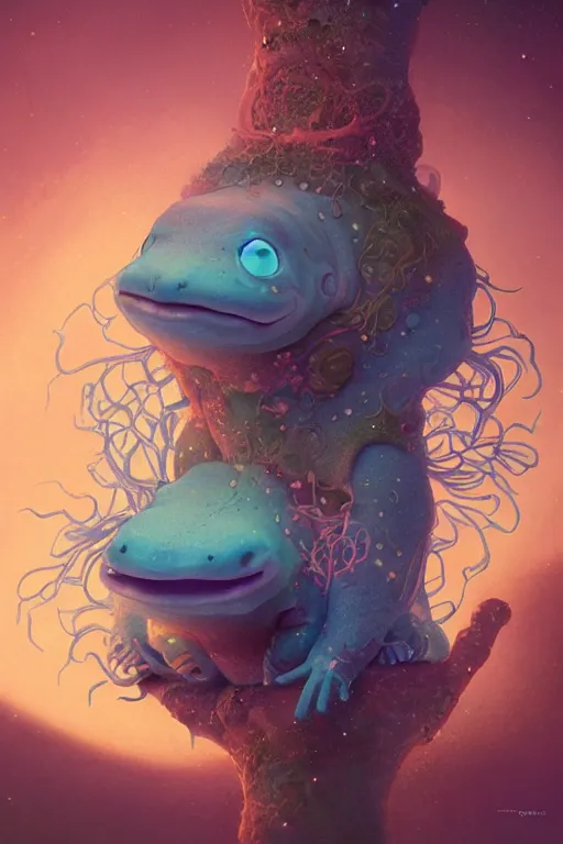 Image similar to Bioluminescent, portrait of axolotl wearing wizard hat, very intricate , trending on artstation , very elegant, in the golden hour by Daniel Merriam, Trending on Artstation, oil on Canvas by Elena Zhurikhina and Goro Fujita and Charlie Bowater, octane render, 4k, 8k, HD